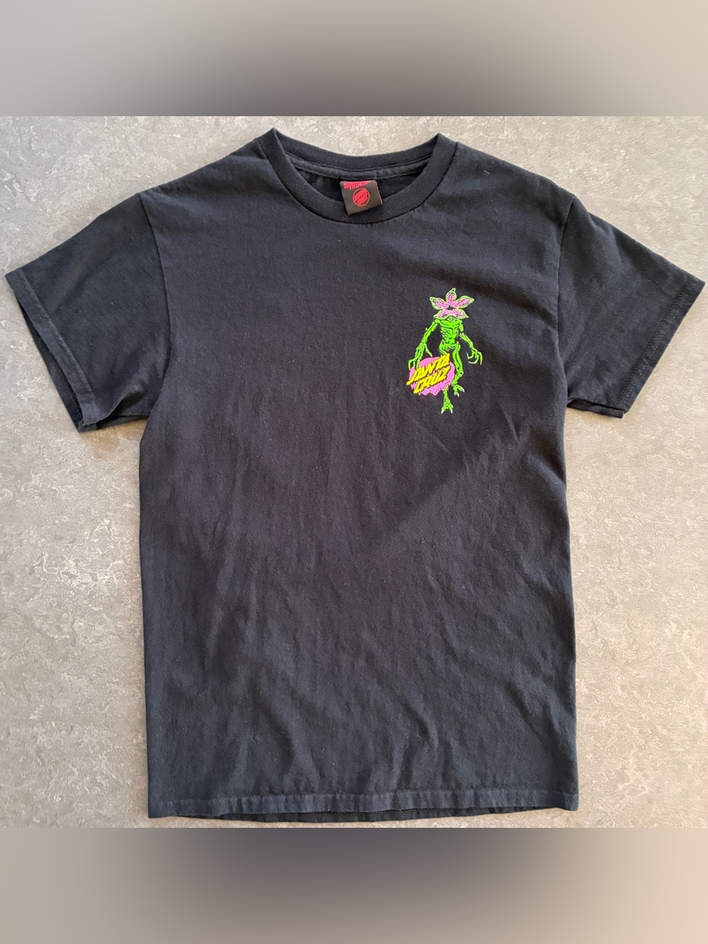 Santa Cruz Skateboards Black Tee with Neon Green & Pink Alien Logo
